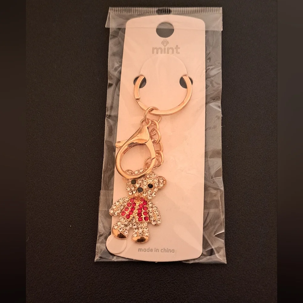 Mint Crystal Teddy Bear Keychain charm in Red and Gold NWT